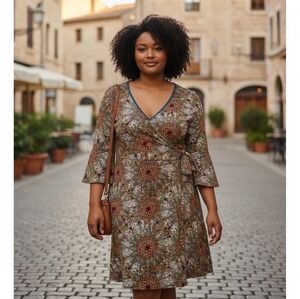 Cato 3/4 Sleeve Geometric Print Side Tie Faux Wrap Dress